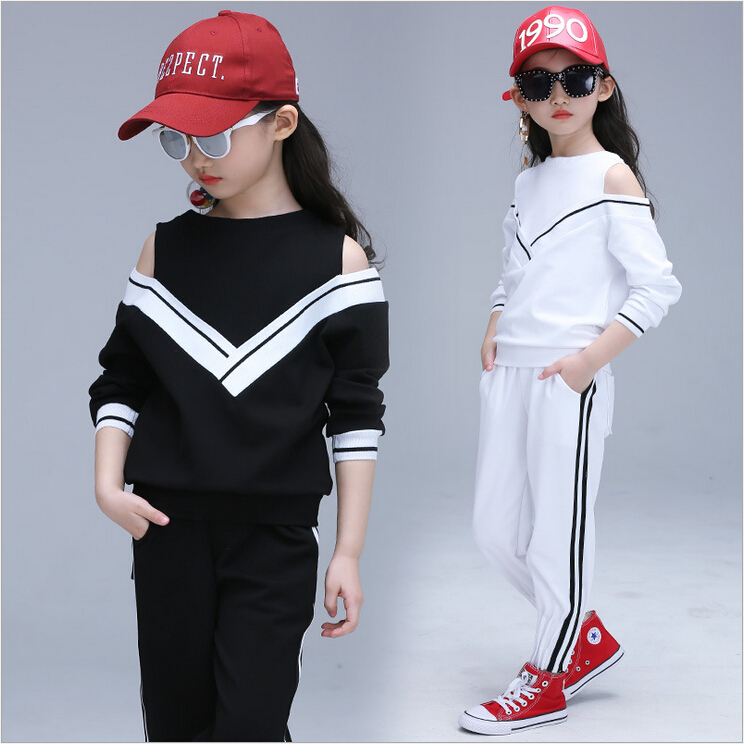 

New Children Sets Girl Fashion Hip Hop Modern Dancewear Set Kid Dance Costume Long Sleeve Top&Pants Princess Suits Tracksuit, White