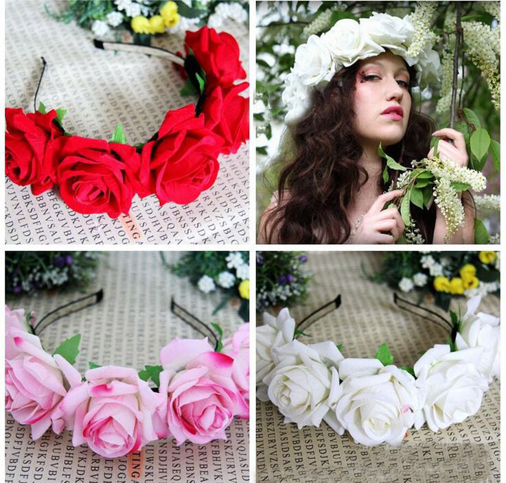 6 couleurs, beauté velours Roses couronnes cerceau bord de mer vacances photo mariage jardin tête cerceau cheveux fleurs ornements pas cher
