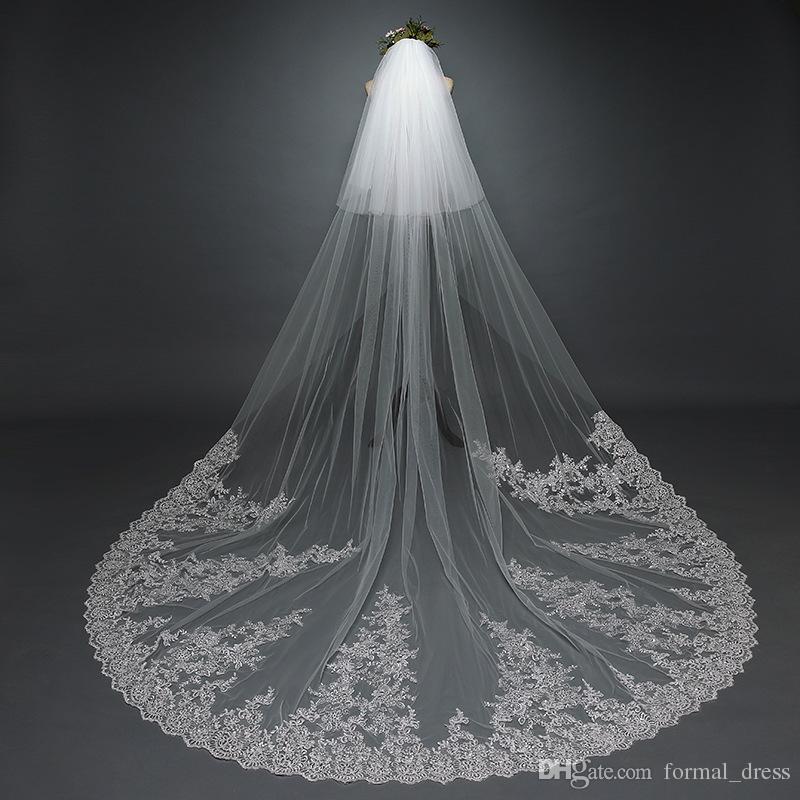 

2017 Glamourous Lace Applique Large Tain Wedding Bridal Veils Cover Face with Comb Ivory Tulle 300CM Bride Veil Real Photos High Quality
