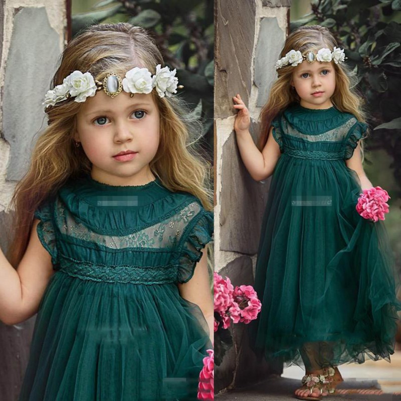 

Dark Green Flower Girl Dresses Crew Cap Sleeves A Line Girls Pageant Gowns Tulle Lace Appliques Baby Birthday Party Dress, Gold