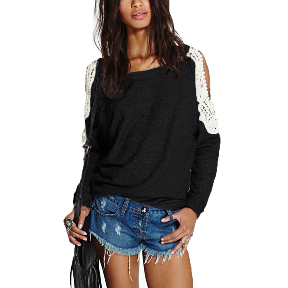 Wholesale- Spring Autumn 2017 Women Casual Lace Crochet Splice Tops Sexy Off Shoulder Long Sleeve Shirts Hoodies Sweatshirts Blusas New