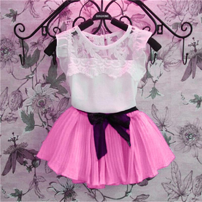 

Wholesale- Short Sleeve Chiffon Kids Clothes Pullover Solid Color Childrens Clothing for Girls 2016 New Fashion Girls Skirt Set, Yellow