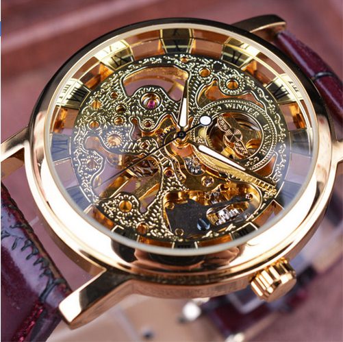 

Winner Royal Carving Skeleton Brown Leather Strap Transparent Thin Case Skeleton Design Watch Watches Men Brand Luxury Clock Men, Gold