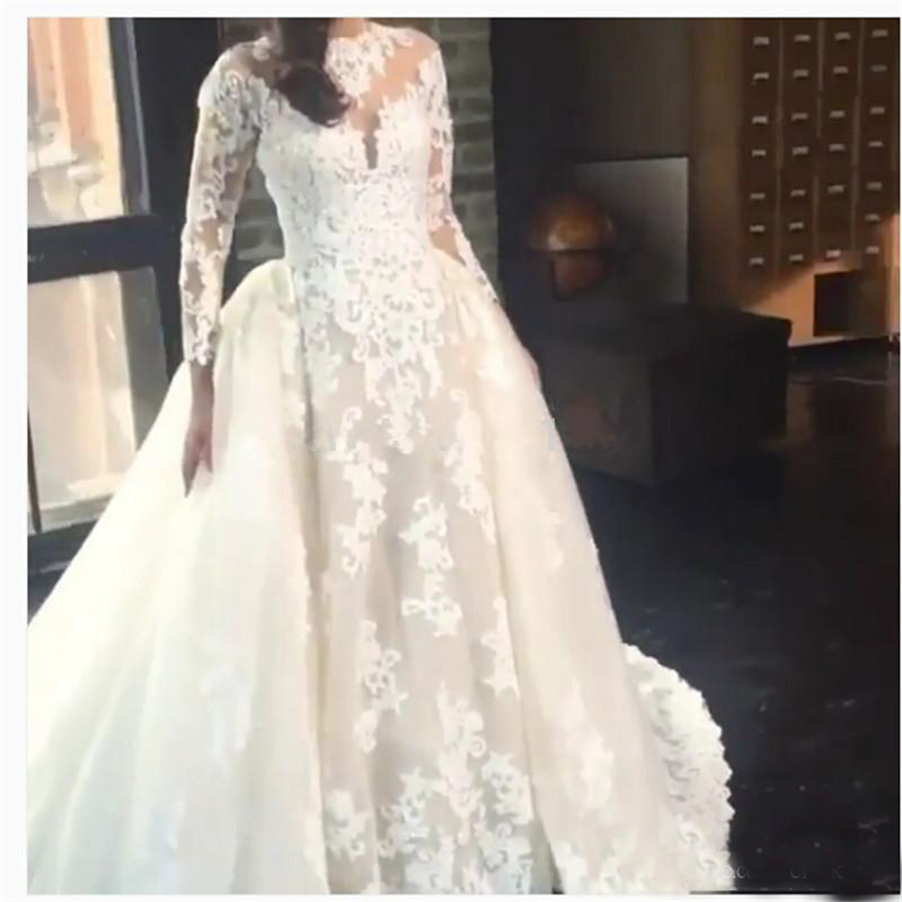 

Sheer Neck Lace Appliques Wedding Dress Custom Made Dubai Bridal Gowns African Long Sleeves Wedding Dresses With Removable Skirt, Ivory