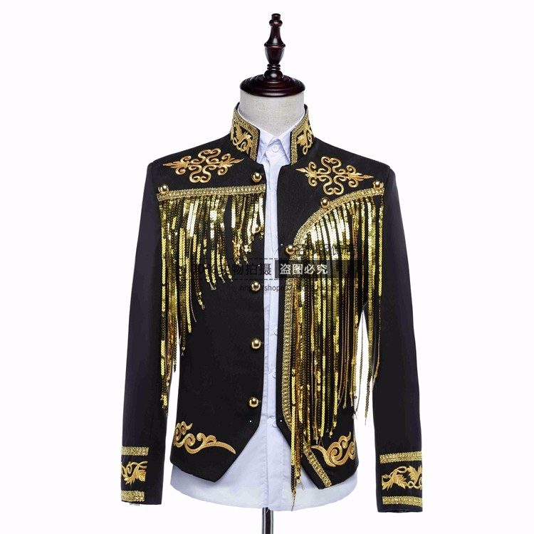 

male jacket blazer prom groom coat outfit singer sequined gold silver host clothing nightclub stage activities star singer dancer coat, Black