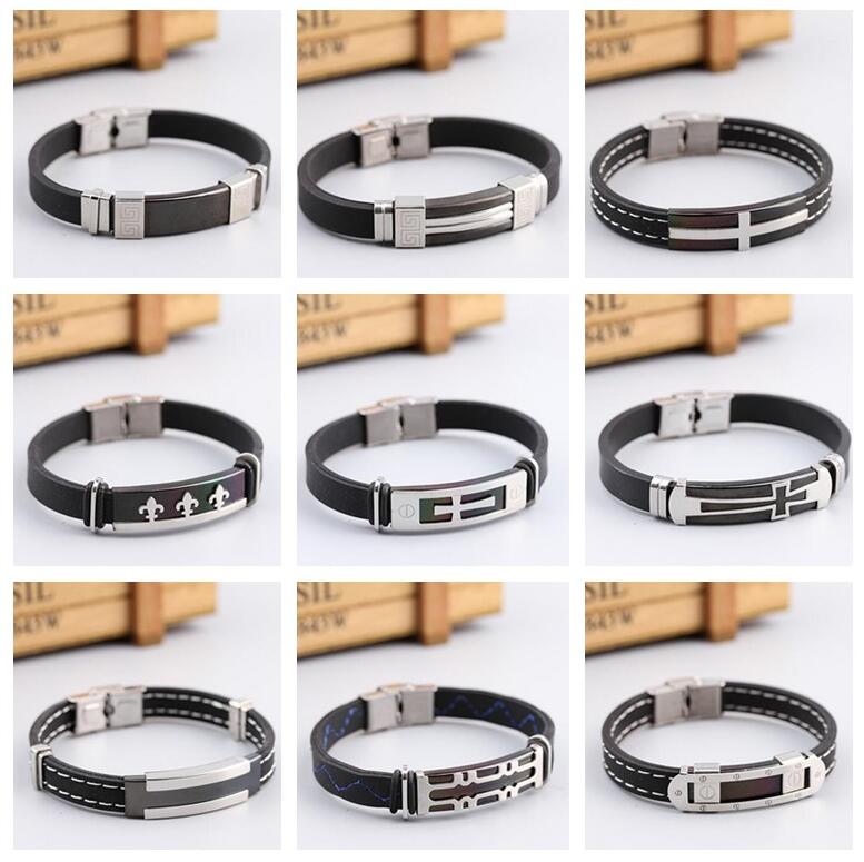 

Hot sale Stylish retro charm classic plating black silicone stainless steel bracelet FB366 mix order 20 pieces a lot Slap & Snap Bracelets