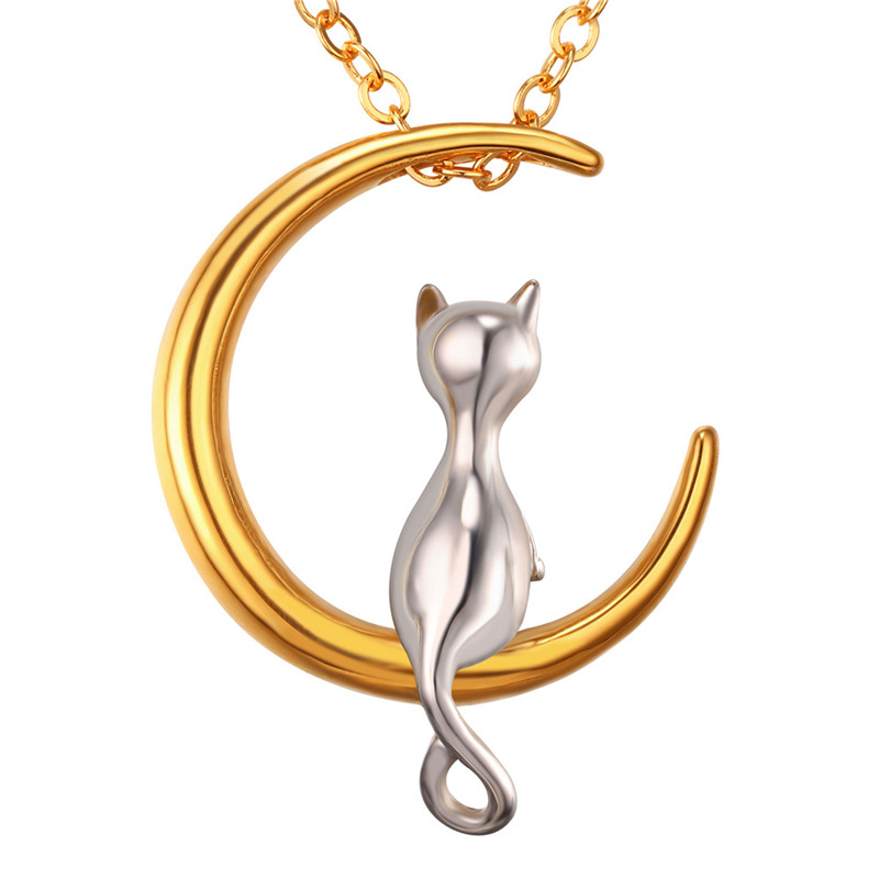 

18K Real Gold Plated Cute Cat Moon Pendant Necklace Quality 316L Stainless Steel Jewelry for Women