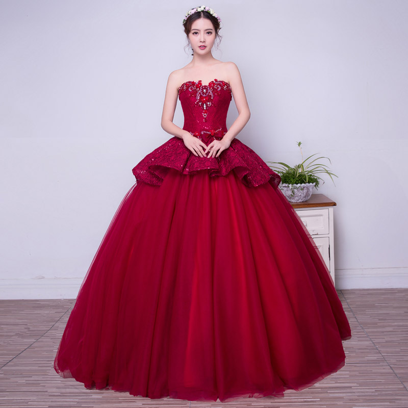 

Beautiful Wine Red Ball Gown Prom Dresses 2017 Fall Winter Evening Gowns Lace Applique Quinceanera Dress Formal Gowns, Ivory