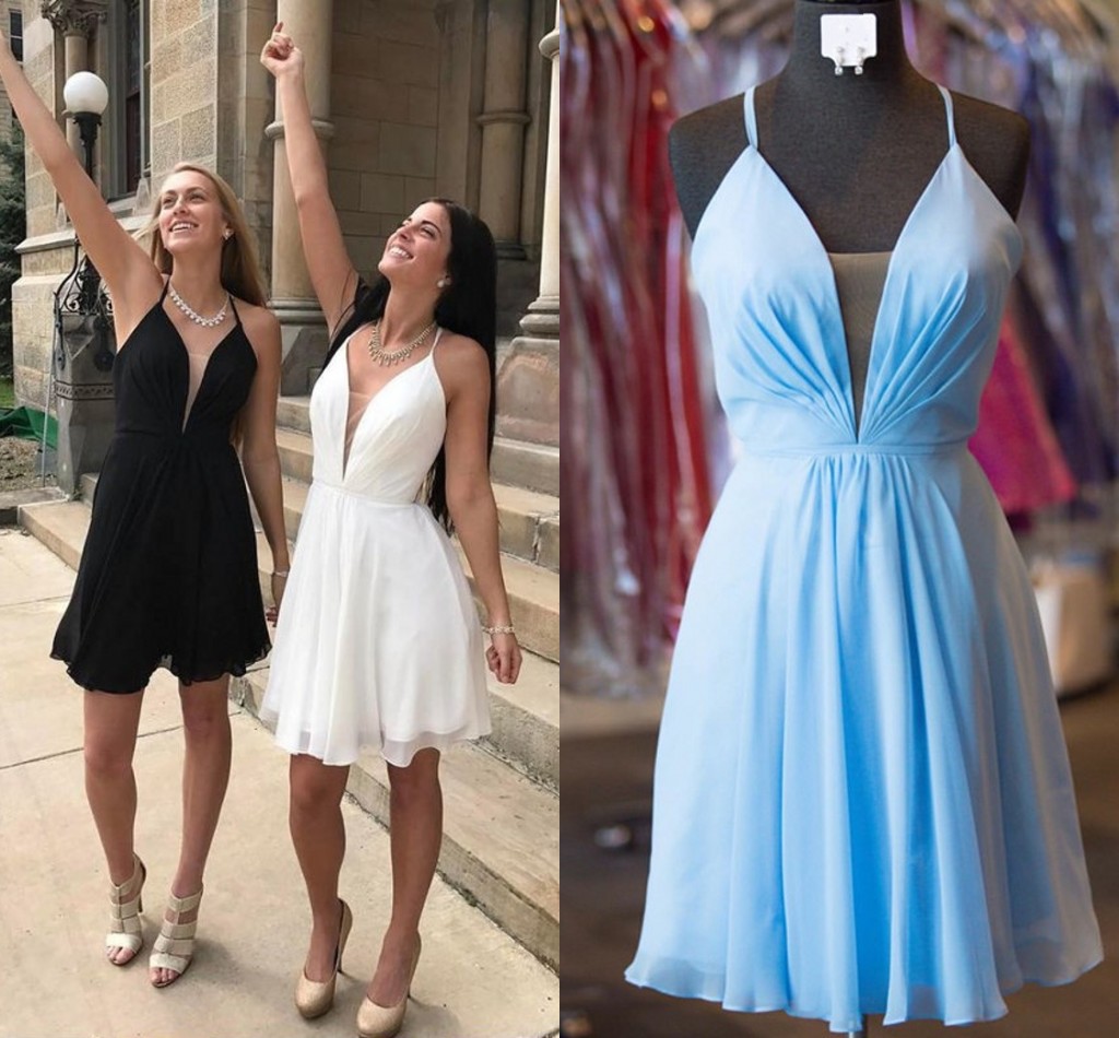 

Cheap Short Homecoming Dresses Spaghetti Straps Ruched Chiffon Criss Cross Back Black White Blue Backless Prom Dresses Simple Party Dresses, Light yellow