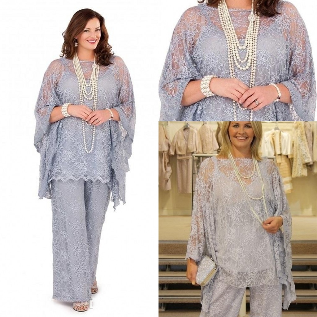 

Full Lace Mother of the Bride Pant Suits 2017 Long Sleeves Three Pieces Silver Gray Formal Women Plus Size Groom Mother Dresses for Wedding