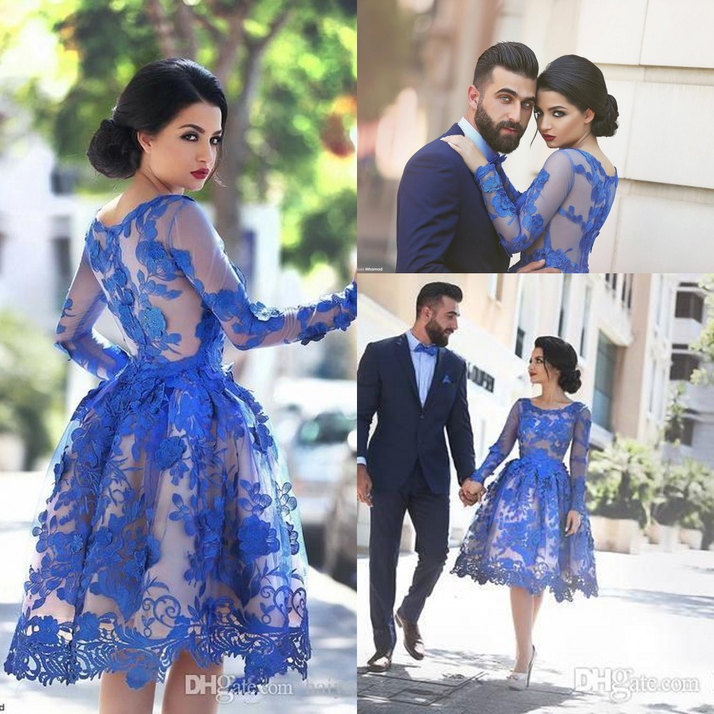 

2017 Cheap Arabic Short Prom Dresses Jewel Neck Long Sleeves Lace Appliques 3D Floral Knee Length Royal Blue Party Dress Homecoming Gowns, Lavender