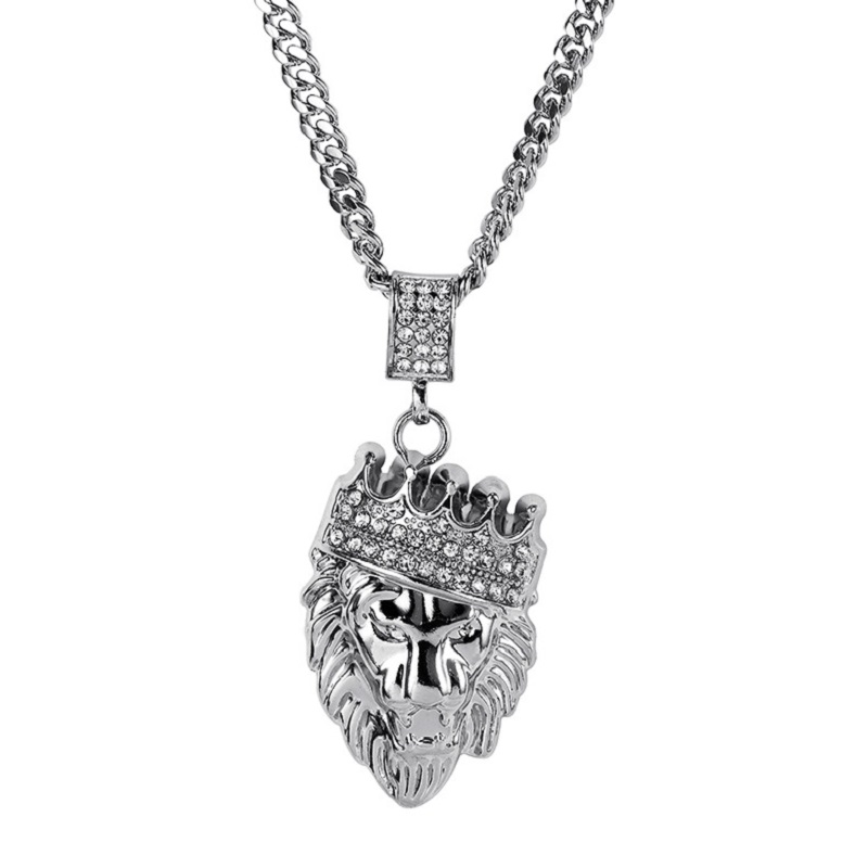 

Fashion Mens Rock Hip Hop Lion Head Necklace Iced Out American Star Male Full Rhinestone Pendant Jewelry Long Chain For Men