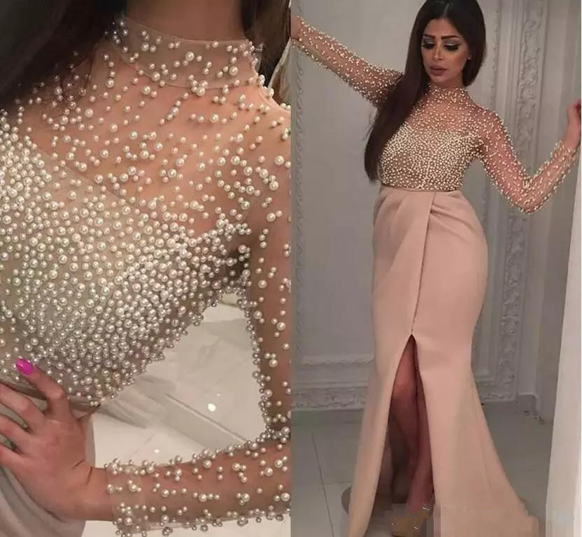 

Vintage Blush Split Evening Dresses Long Sleeve Luxury Pearls Beaded Middle East Arabic Yousef Aljasmi Prom Party Gowns, Champagne