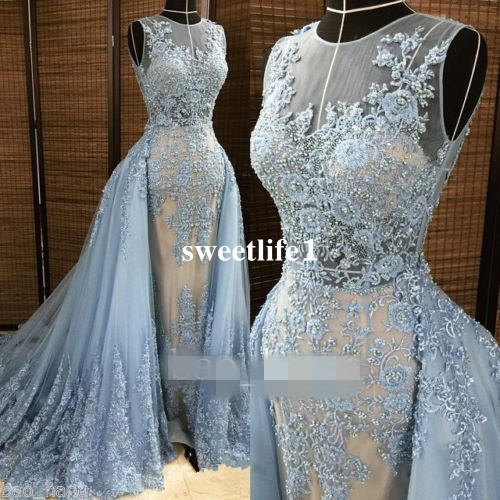 

2019 Elie Saab Evening Dresses Detachable Overskirt Deep V Neck Illusion Blue-gray Pearls Beaded Lace Appliques Tulle Celebrity Prom Gown