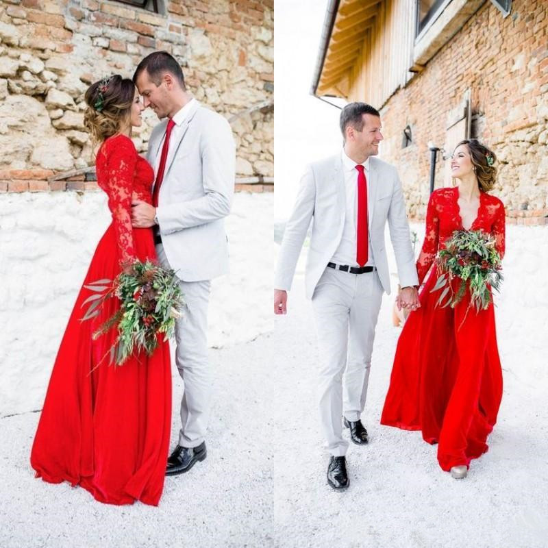 

Beach Red Wedding Dresses Long Sleeve Deep V Neck Lace Chiffon Floor Length New Romantic Bridal Gowns Custom Size, Black & white