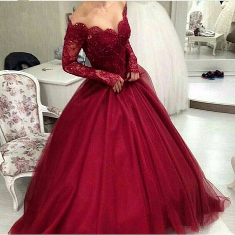 

Women Arabic Evening Dresses V-neck Long Sleeves Beaded Applique Floor Length Burgundy Evening Party Dress, Red