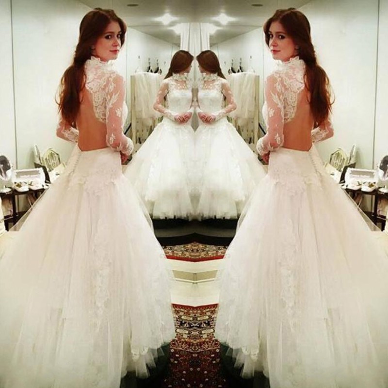

White High Low Wedding Dresses Lace High Neck Illusion Long Sleeves Bridal Gowns Sexy Backless Summer Beach Wedding Vestidos Cheap, Ivory