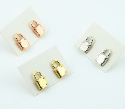 

Free Shipping Silver/Gold/Rose Gold Plated Mini Lock Key Rhinestone Letter Style Logo Stud Brand Letter Earrings