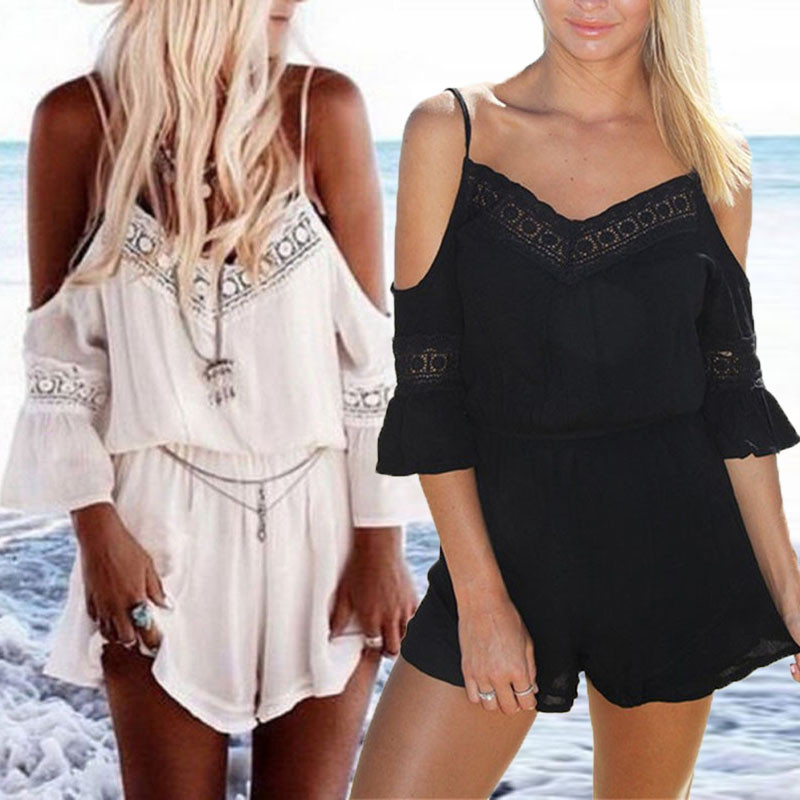 

2016 Summer Womens Playsuit Rompers Sexy V-Neck Overalls Strap Off Shoulder Lace Chiffon Beach Loose Short Jumpsuits Romper, White