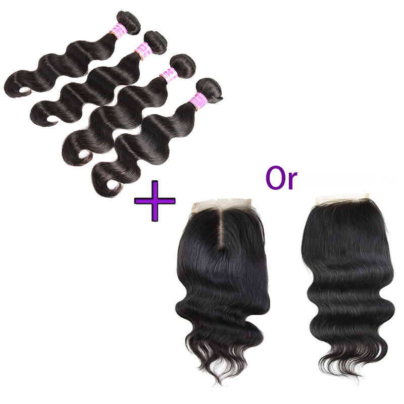 

Brazilian Human Hair 4 Bundles with Closure 100% Unprocessed 8A Body Wave Virgin Hair Bundle Deals Wholesale Remy Human Hair Extensions