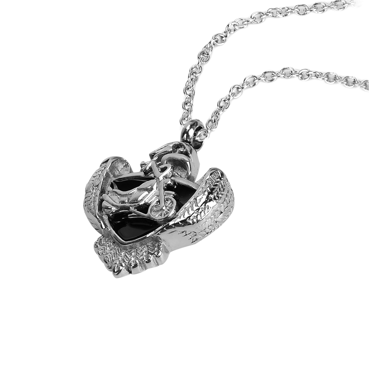 

Lily Stainless Steel Cremation Jewelry Black Enamel Shield Motorcycle Memorial Ash Pendant Urn Necklace Keepsake with Gift Bag And Chain, Silver
