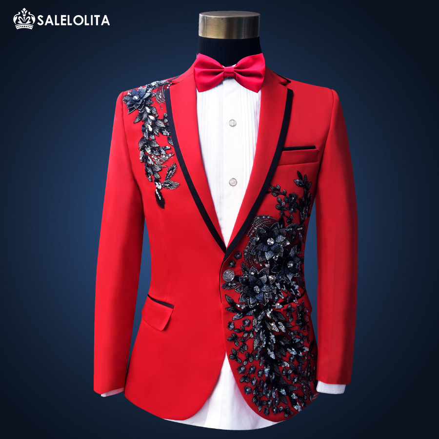 

Wholesale- High Quality Plus Size Red Sequins Costume Men Paillette Singer Slim Performance Wedding Party Prom Suit & Blazer for Mens -3XL