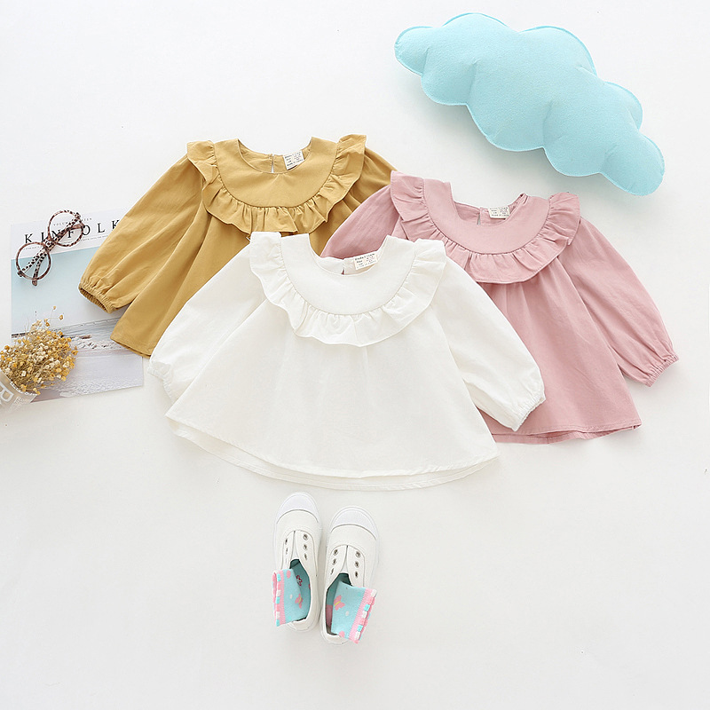 

INS fall NEW arrival Girls Kids solid color ruffles long Sleeve round collar shirt kids causal 100% cotton girl causal shirt 3 colors, White