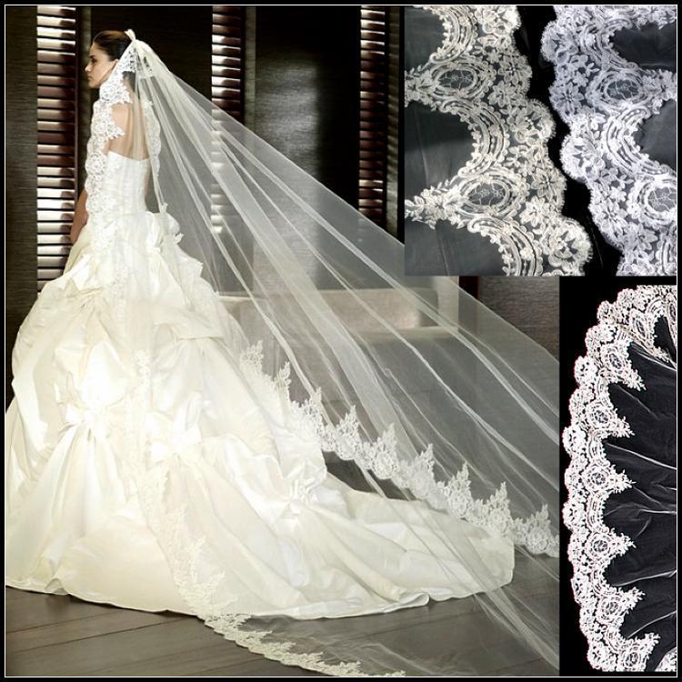 

Luxury White / Ivory Wedding Veil Bridal Veil Lace Appliqued 3 Meters Cathedral Long Veils For Wedding Dress