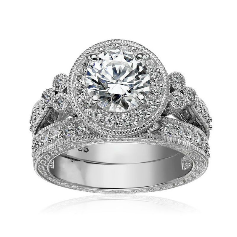

Size 5/6/7/8/9/10 Vintage Jewelry Round Cut 925 Sterling Silver White Topaz CZ Diamond Gemstones Wedding Engagement Bridal Ring Set Gift