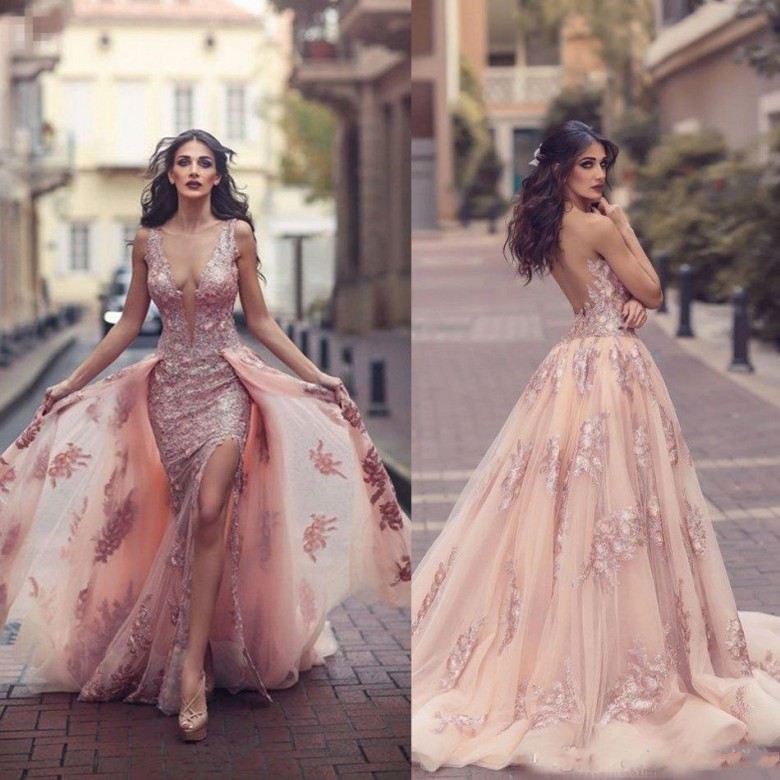 

Saudi Arabic Blush Pink Evening Dresses with Detachable Train Sheer Illusion Bodice Lace Applique Mermaid Long Side Split Prom Dress, Dark red