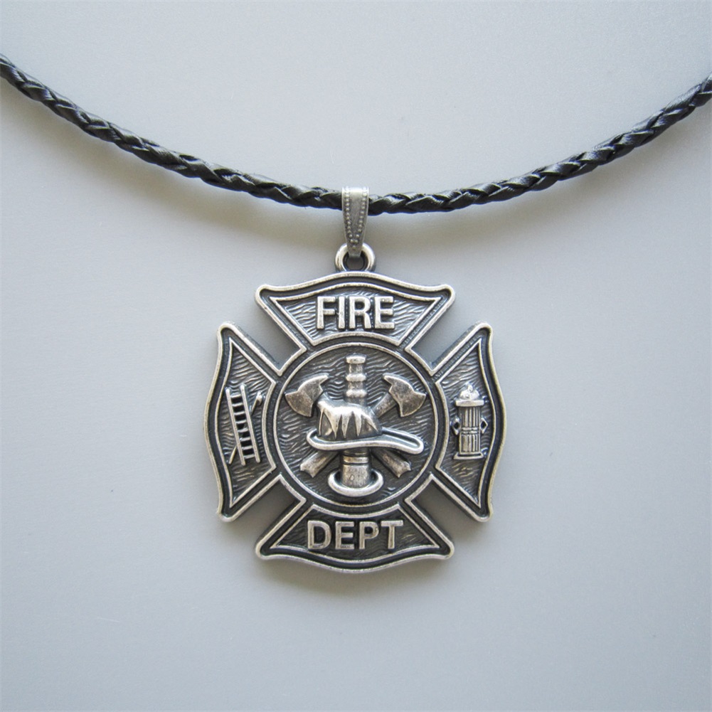 

New Vintage Silver Plated Hero Firefighter Fire Dept Charm Leather Necklace NECKLACE-OC010SL Brand New Free Shipping