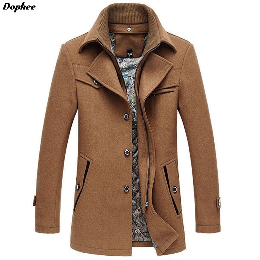 Wholesale- Dophee 2017 Autumn And Winter New Men's Long Wool Coat Solid Color Brand Thick Casual Woolen Blended Jacket Coats
