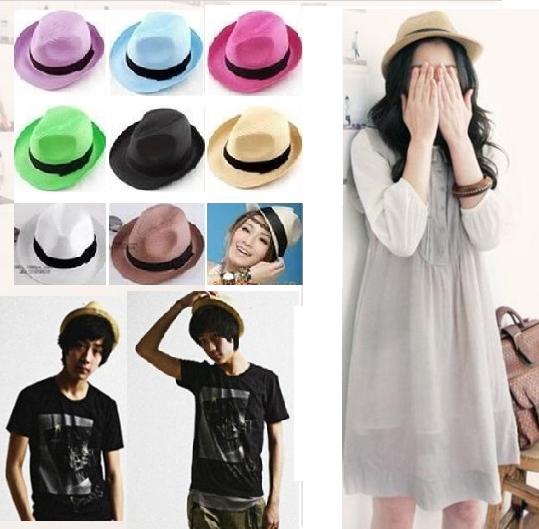 

Trendy Unisex Straw Panama Fedora Hats Summer Stingy Brim Unisex Casual Beach Travel Caps Mix Colors Choose ECP, Blue;gray