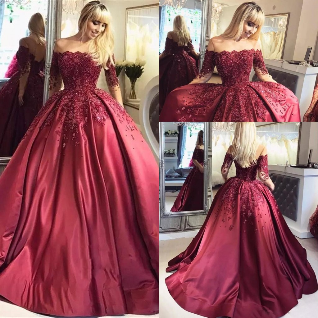 

2017 New Quinceanera Ball Gown Dresses Long Sleeves Burgundy Satin Lace Appliques Sweet 16 Sweep Train Plus Size Party Prom Evening Gowns, Brown