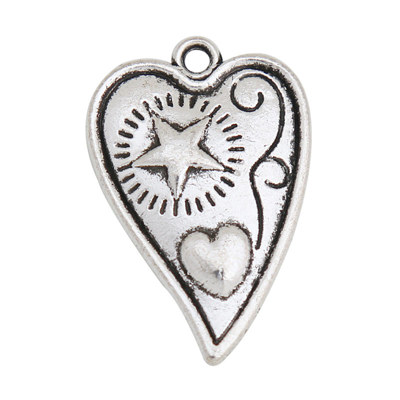 

Fashion Antique Silver Plating Heart Charms With Star And Heart Raised 100pcs AAC704