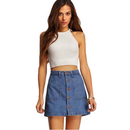 Nouvelle mode femmes Mini Denim jupes taille haute Sexy femmes poches bleu simple boutonnage Denim a-ligne jupe MHSG