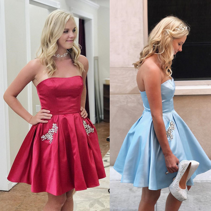 

Strapless Short Homecoming Dresses Ruched Elastic Satin Crystal Pockets Plus Size Dark Red Light Sky Blue Party Dresses Prom Dresses, Green