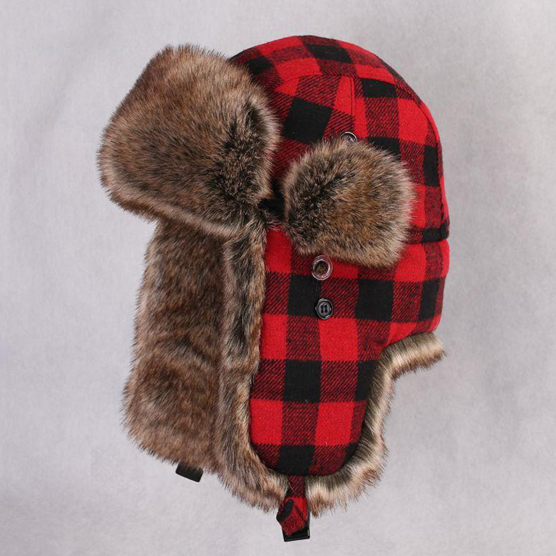 

Wholesale- Winter Trapper Bomber Hat Male Faux Fur Russain Ushanka Warm Earflap tAviator Trooper Snow Cap Vintage Plaid Cycling Hats, Red