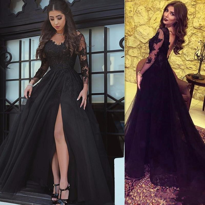 

2018 new black long sleeves evening gowns backless applique lace tulle prom dresses long side split sexy vestidos de festa, Coral