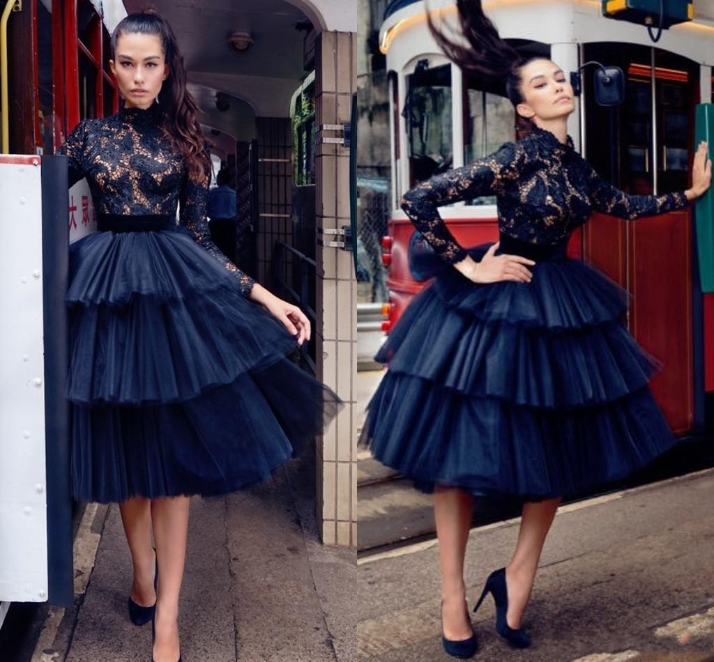 

2018 Little Black Lace Arabic Gothic Short Cocktail Dress High Neck Long Sleeves Holiday Club Homecoming Party Dress Plus Size Custom Make, Pink