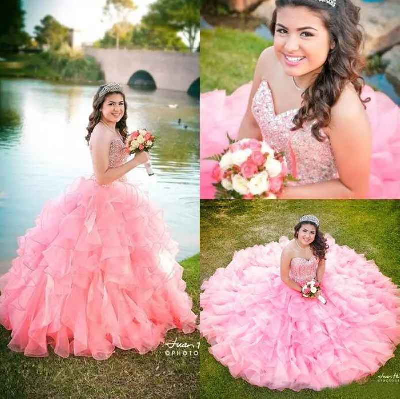 

2017 Pink Organza Ruffles Ball Gown Quinceanera Dresses Exquisite Rhinestones Crystal Beaded Sweetheart Lace Up Back Sweet 15 Gowns EN9281, Royal blue