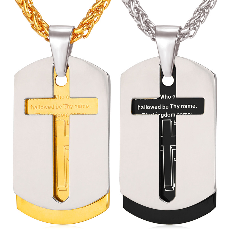 

Cross Necklace Pendant Christian Jewelry 18K Real Gold Plated Stainless Steel Bible Lords Prayer Dog Tags for Men