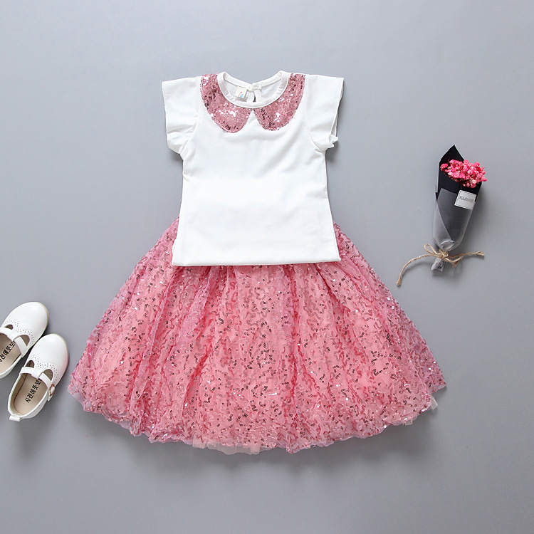 pink sequined sets for Girls summer dance clothing (top + skirt), baby kids wear, party clothes, wedding wear 5BN502SS-39-image-396544869