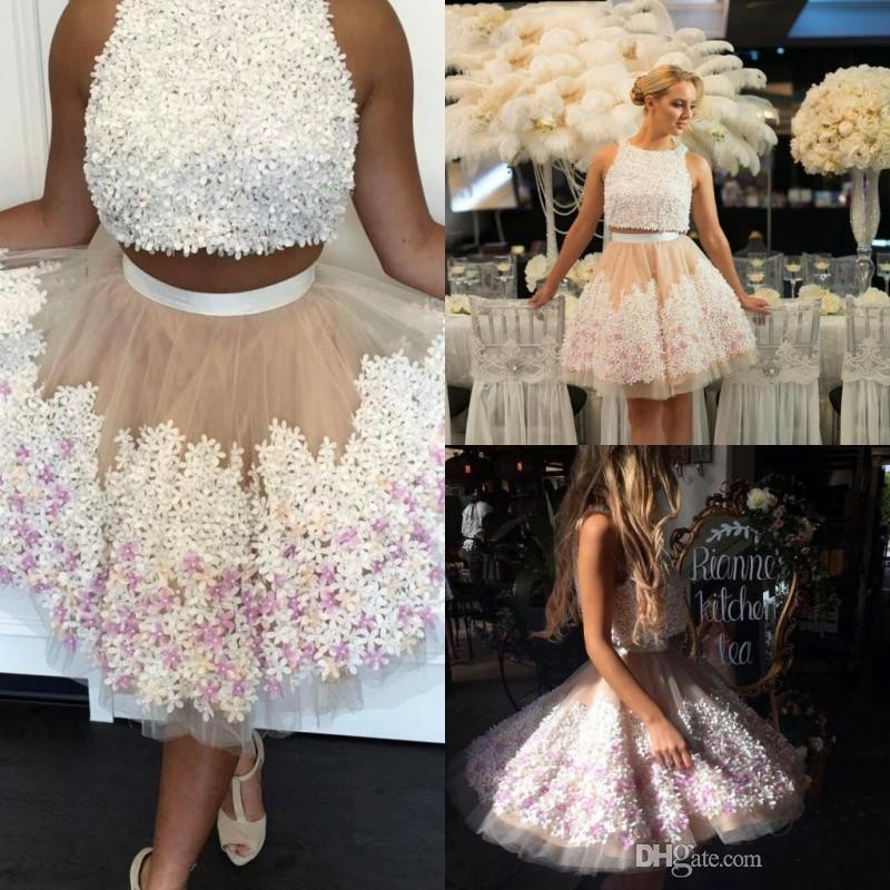 

New Arrival 2 Piece Short Homecoming Dresses 2017 A Line Jewel Neck Mini Prom Party Dresses with 3D Appliques Zipper Back Cocktail Dresses, Daffodil