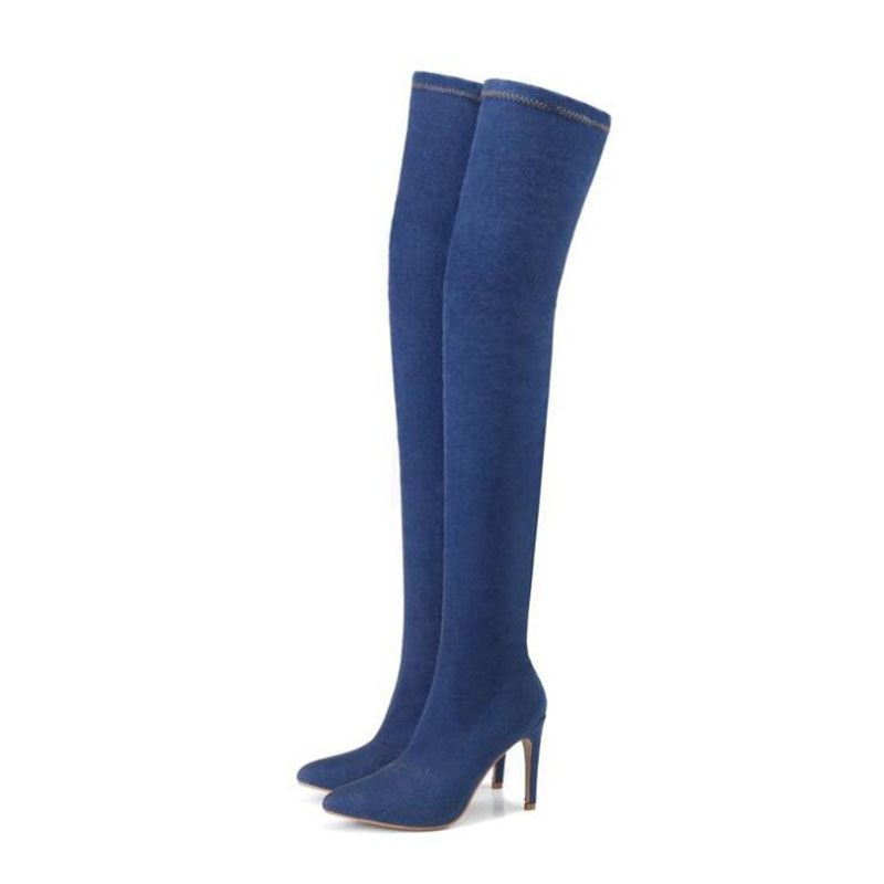 

Shoes Women Boots Long Autumn Winter Boots Over The Knee Boots Ladies Thin High Heel 10 cm Big Size 36-42 Women Shoes, Dark blue