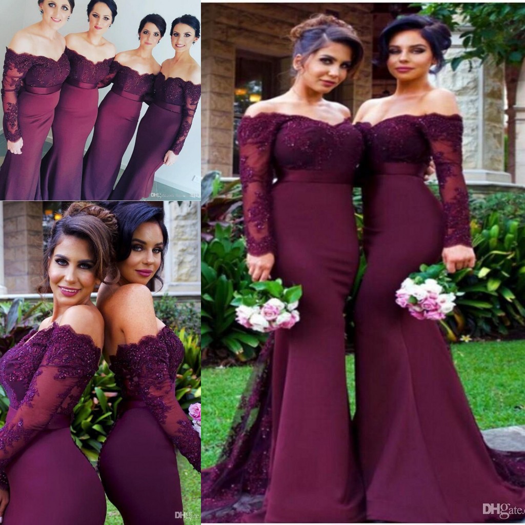 

2021 Burgundy Lavender Mermaid Bridesmaid Dresses Off Shoulder Long Sleeves Lace Appliques Crystal Beaded Plus Size Wedding Guest Maid Of Honor Gowns