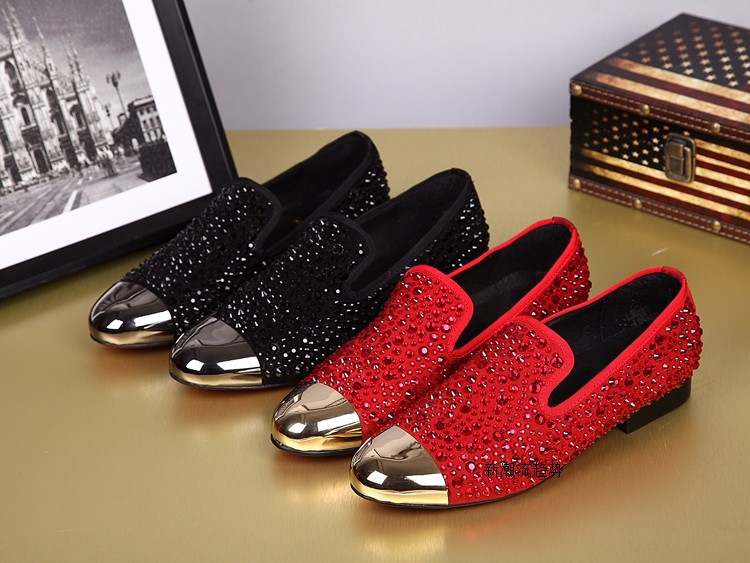 

Black Red Rhinestone Crystal diamond Oxfords Shoes Man Flats Loafers Round toe Fashion Brand Italian Style Wedding Dress Shoes Men Boats