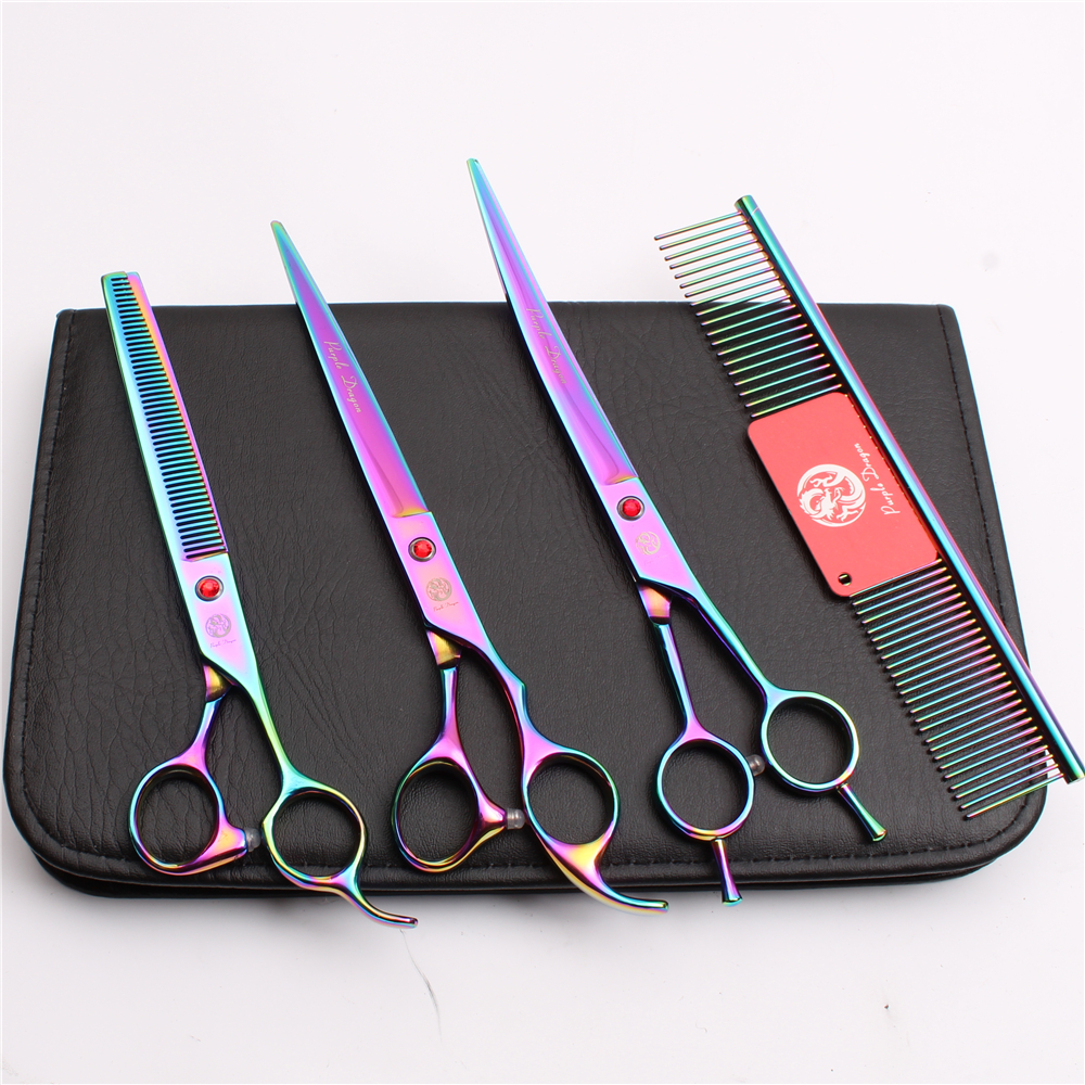 

Z3005 4Pcs 8'' JP 440C Purple Dragon Professional Pets Grooming Hair Shears Comb+Cutting+Thinning+Up Curved Shears Pets Fur Clipping Shears