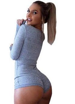 Grey Knit Rompers Womens Jumpsuit New arrival Sexy Lady V Neck Long Sleeve Bodycon Bandage Jumpsuit Bodysuit Slim Short Cotton Romper-image-393389471