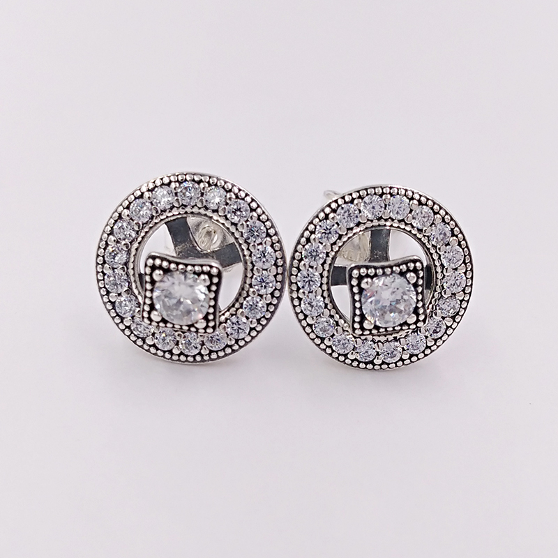 

Authentic 925 Sterling Silver Studs Vintage Allure, Clear Cz Fits European Pandora Style Jewelry